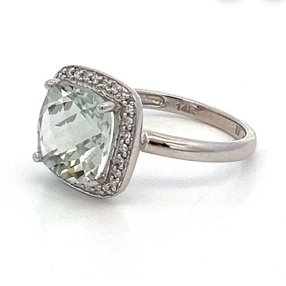 Light Mint Prasiolite & Natural Diamond 14K White Gold Halo Ring